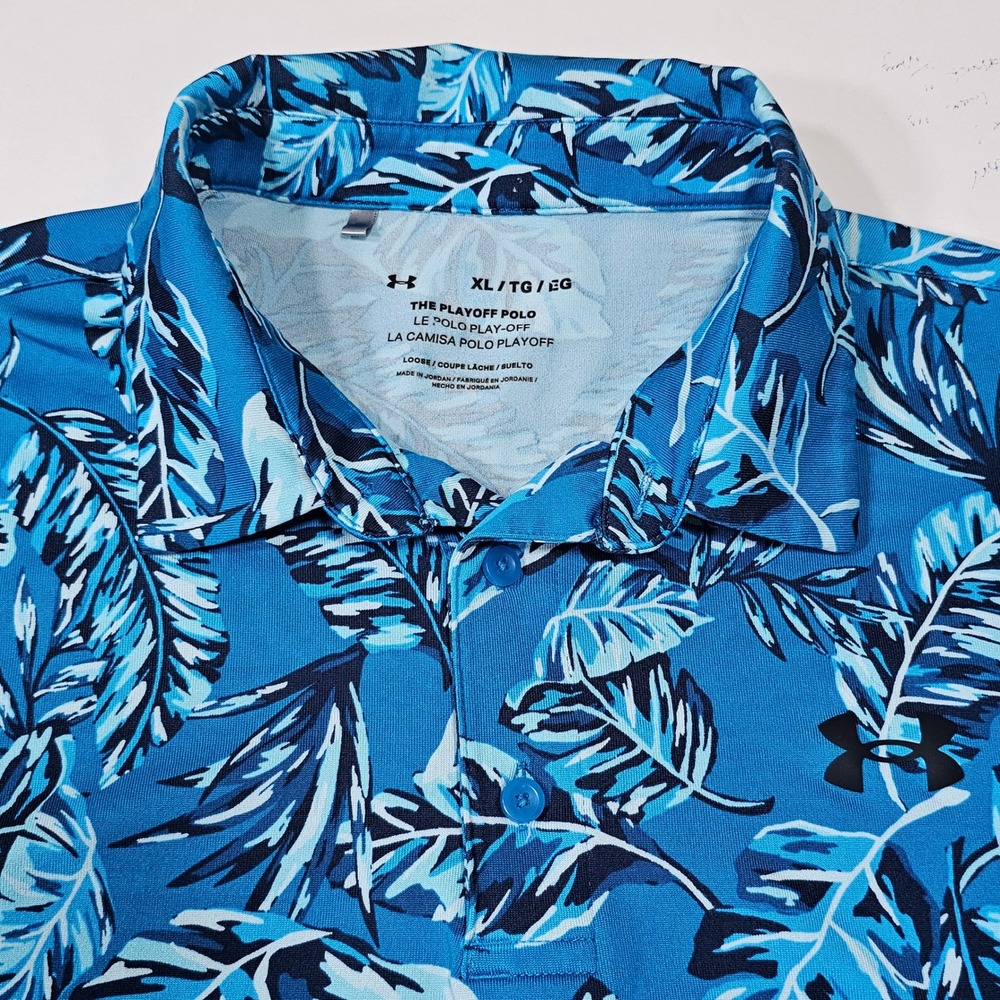 Under Armour Mens‎ XL Playoff Polo Blue Tropical Palm Leaf Golf Shirt Loose Fit